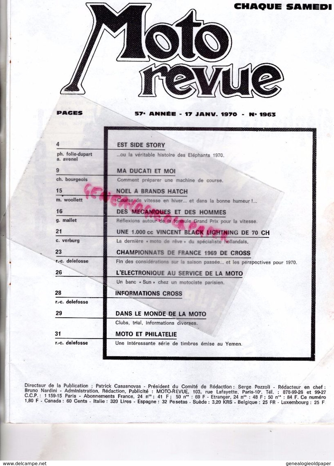 MOTO REVUE N° 1963-JANVIER 1970-ELEPHANTS NURBURGRING-DUCATI CH. BOURGEOIS-1000 VINCENT BLACK LIGHTNING-LOUBET CHANCENAY - Moto