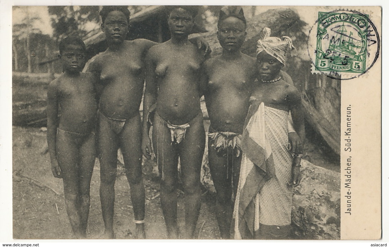 Jaunde Madchen Sud Kamerun  Tres Jeunes Filles Nues Avec String En Feuilles Cachet Ebolowa German Cameroons - Cameroon