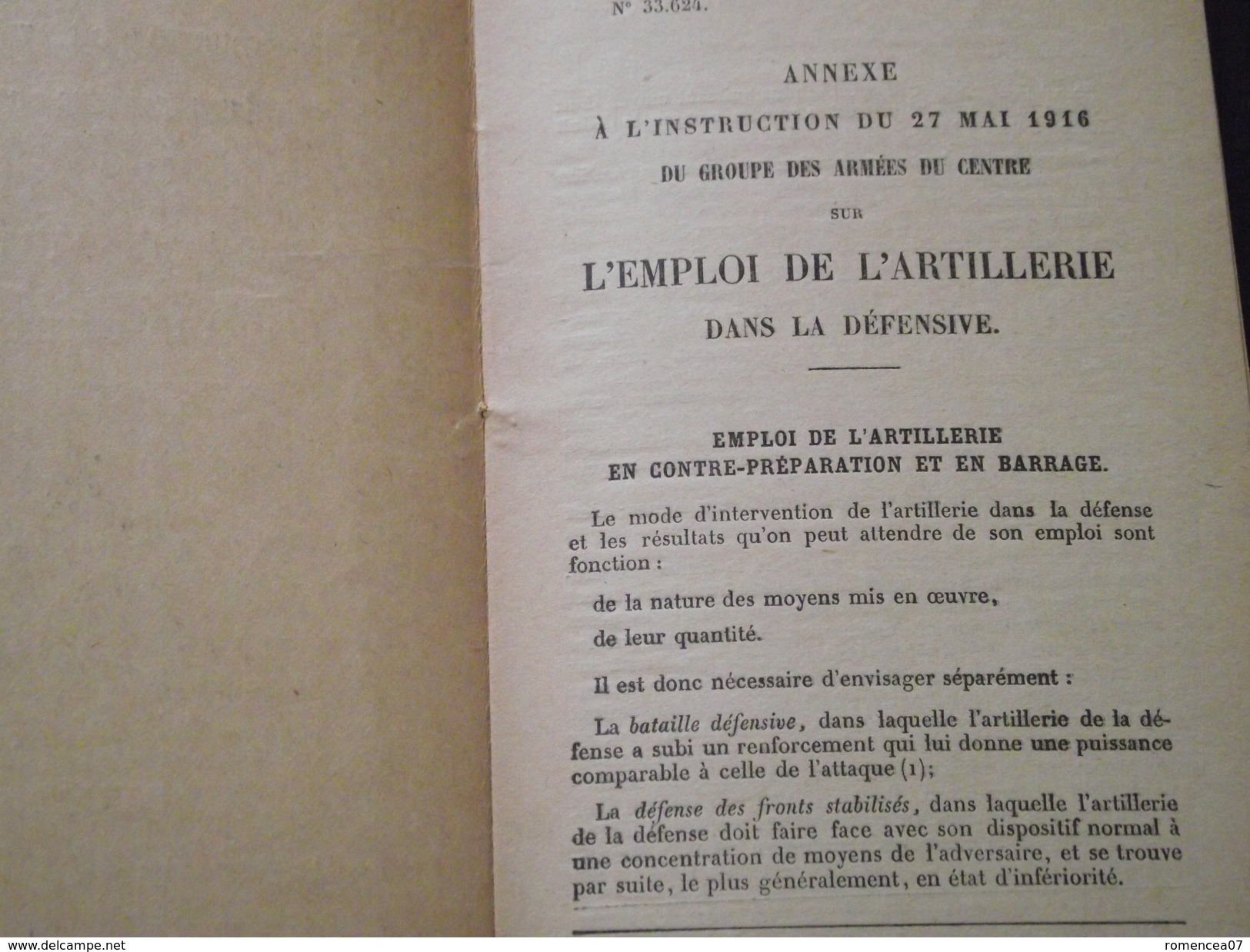 EMPLOI De L'ARTILLERIE Dans La DEFENSE - Annexe Militaire De 1917 - Edit. Groupe Des Armées Du Centre - Guerre 1914 -WW1 - Other & Unclassified