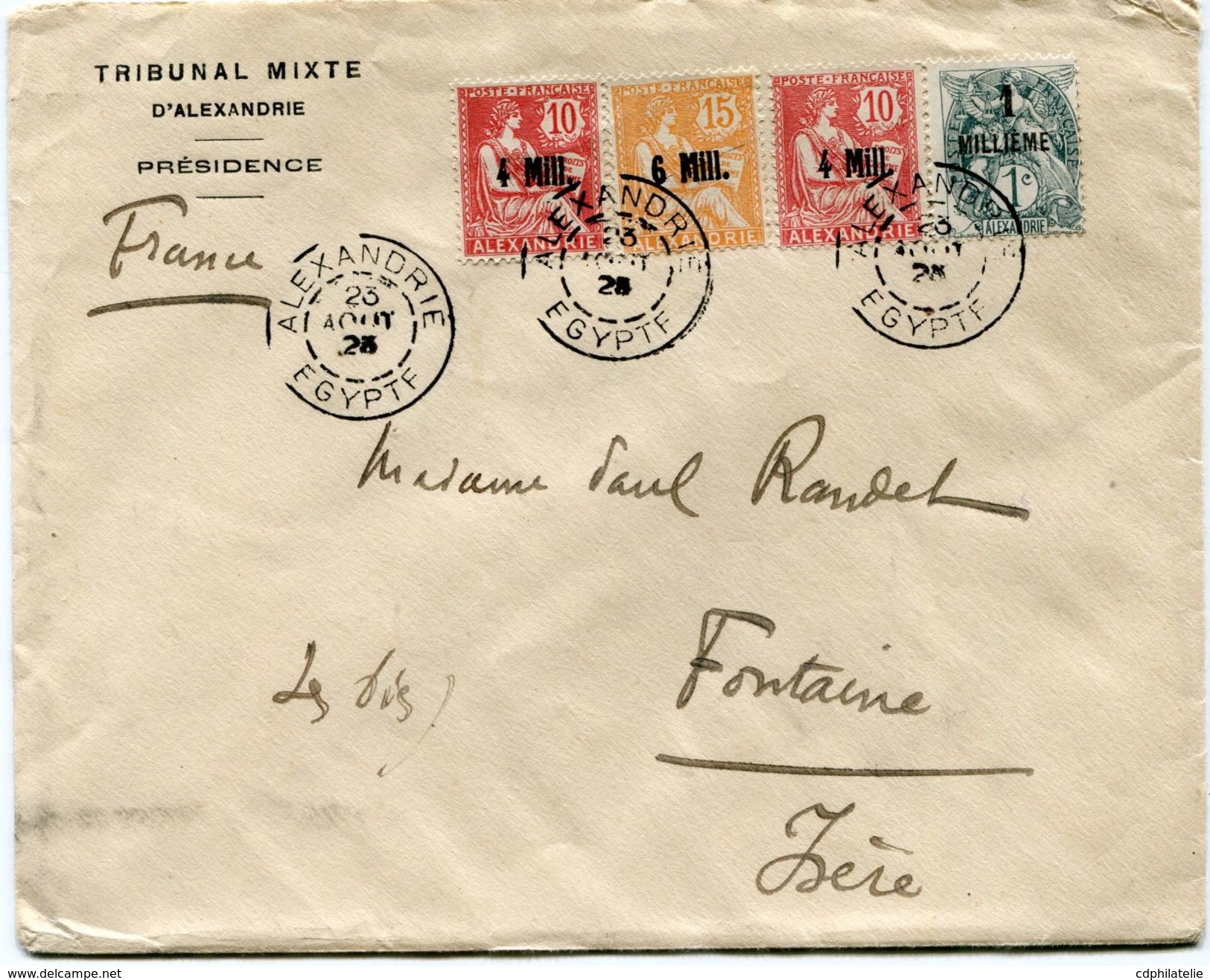 ALEXANDRIE LETTRE DEPART ALEXANDRIE 23 AOUT 23 EGYPTE POUR LA FRANCE - Storia Postale