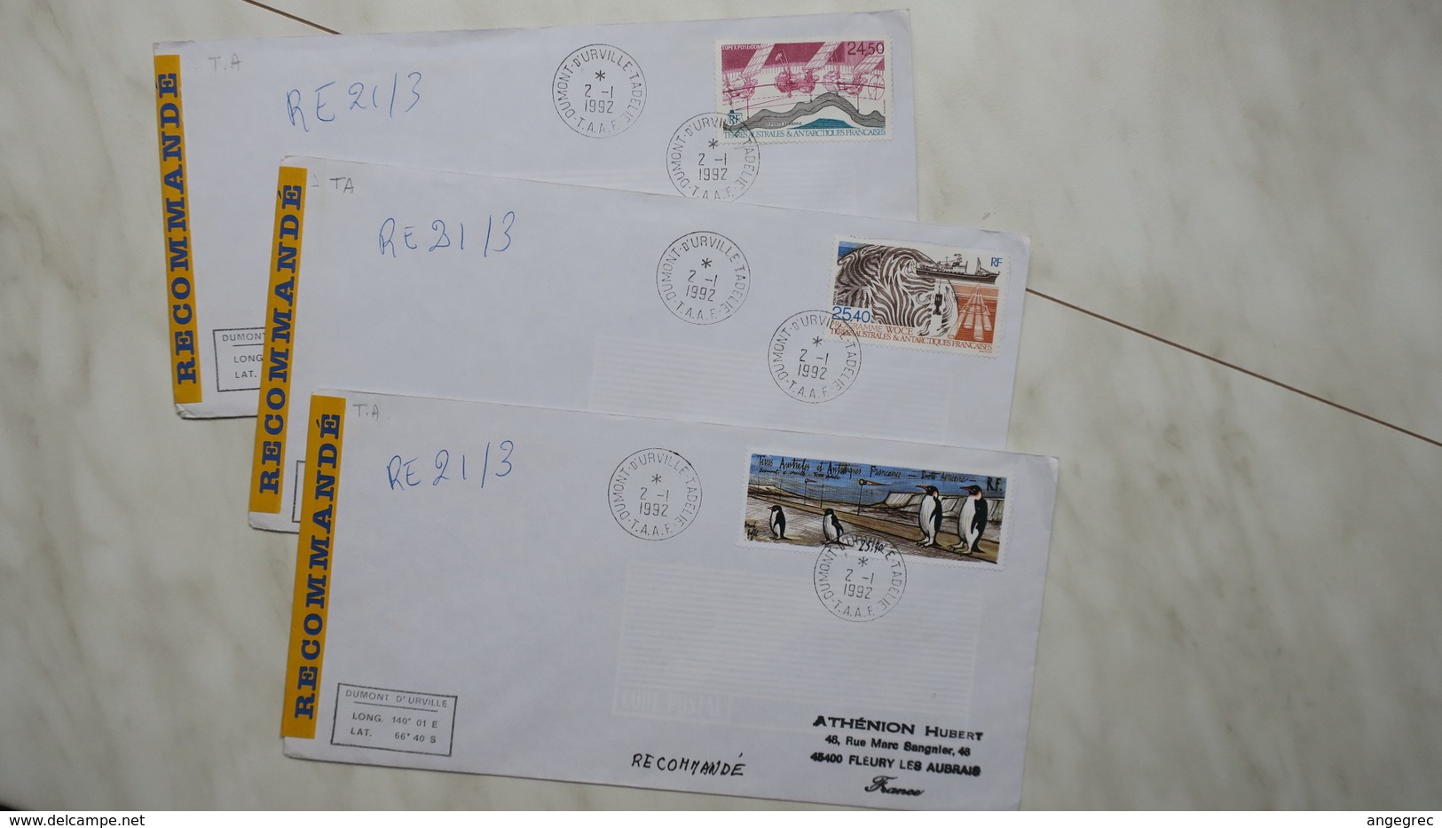 TAAF  Lot De 3 Lettre Recommandé En Partance De Dumont-D'Urville-T.Adelie De L' Année 1992 Oblitéré Pour La France - Used Stamps