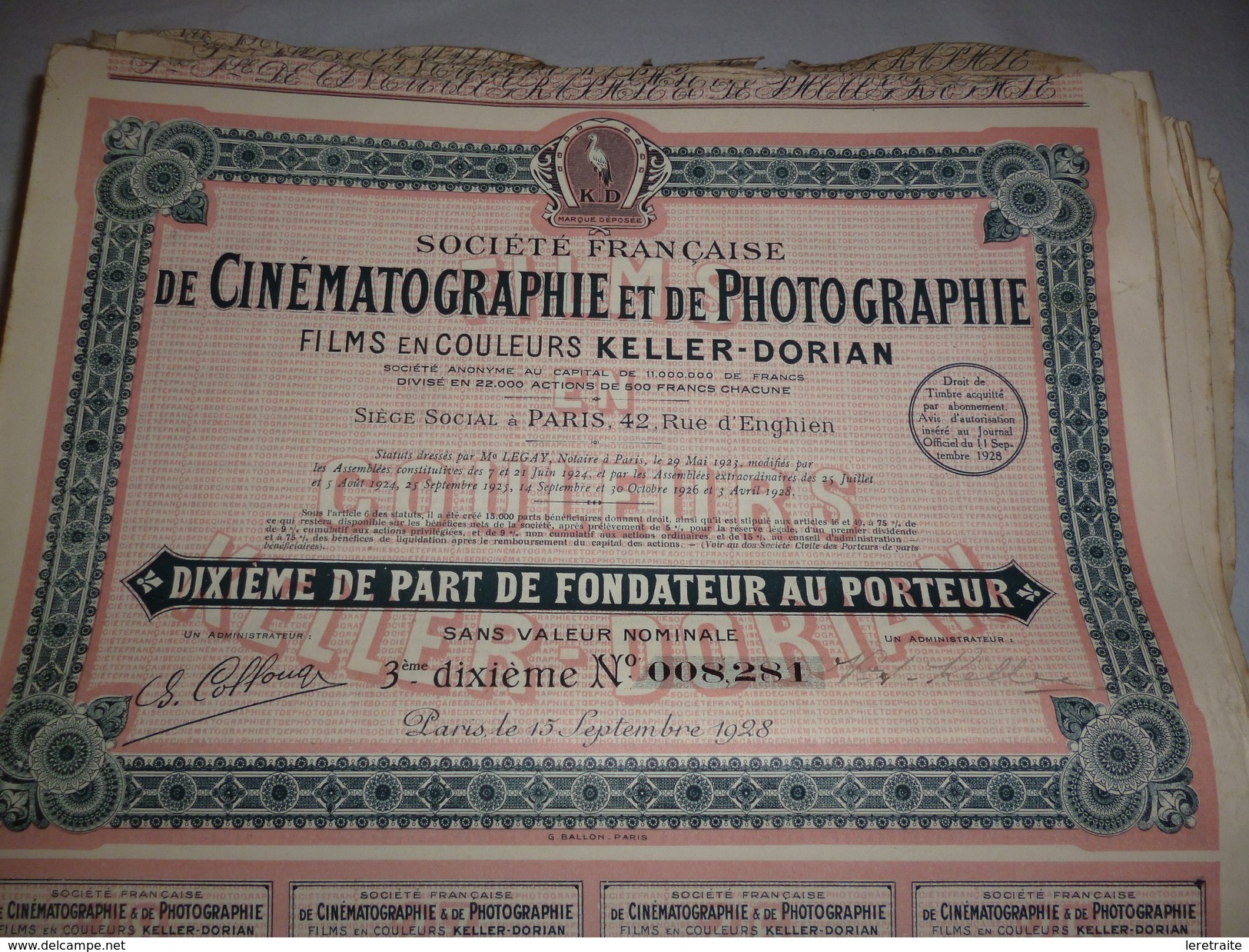 Lot De 728 Actions Dixième De Part Fondateur Au Porteur, Société Française De Cinématographie Et De Photographie. 1928 - Film En Theater