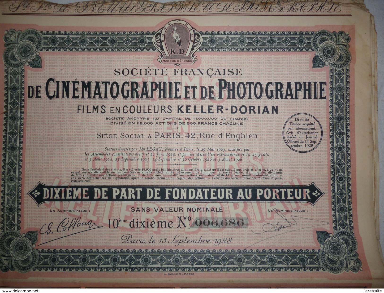 Lot De 728 Actions Dixième De Part Fondateur Au Porteur, Société Française De Cinématographie Et De Photographie. 1928 - Cinéma & Théatre