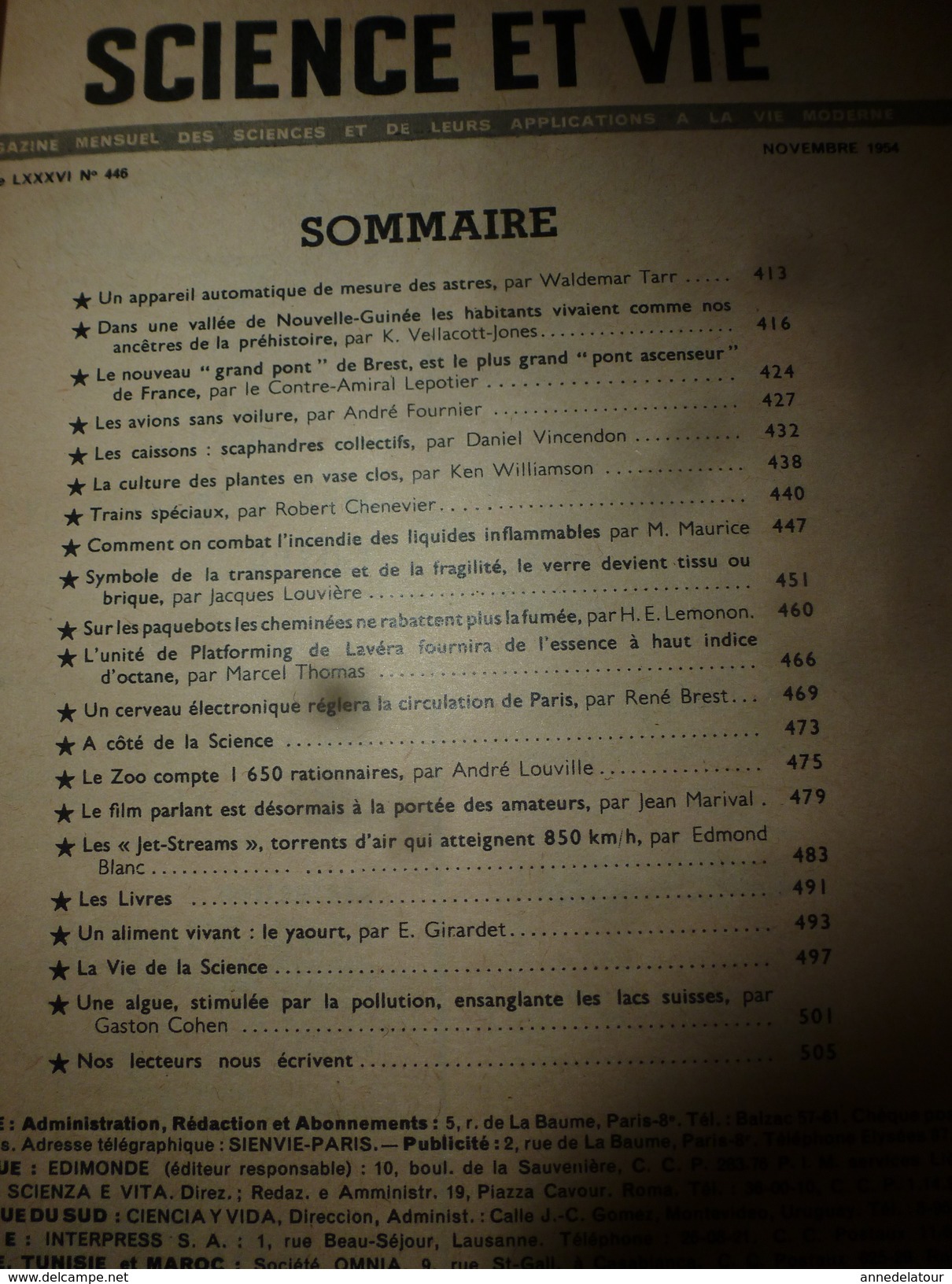 1954 SCIENCE Et VIE  N° 446--> Le Grand-pont De BREST;Le YAOURT Est Vivant; Une Algue Ensanglante Les Lacs Suisses;etc - Science