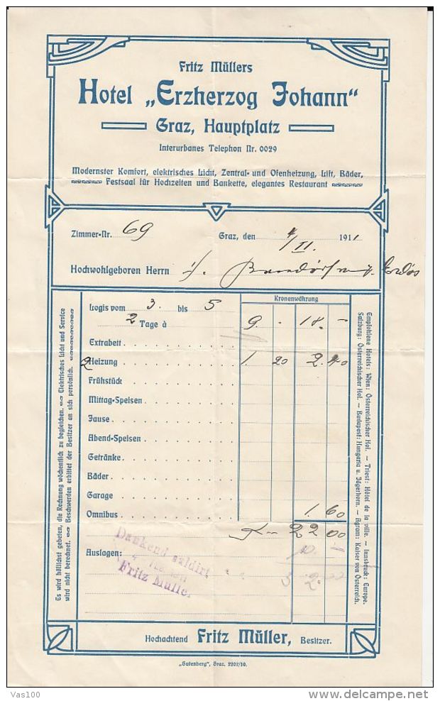 INVOICE, GRAZ- ERZHERZOG JOHANN HOTEL BILL, 1911, AUSTRIA - Autriche