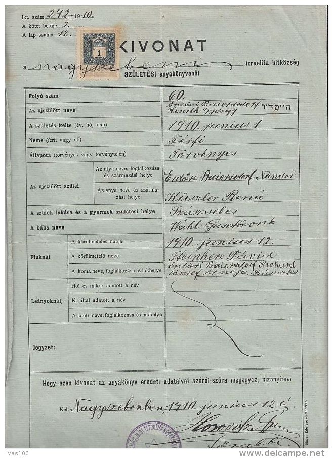 JEWISH COMMUNITY BIRTH REGISTER EXTRACT, BIRTH CERTIFICATE, REVENUE STAMP, 1910, HUNGARY - Historical Documents