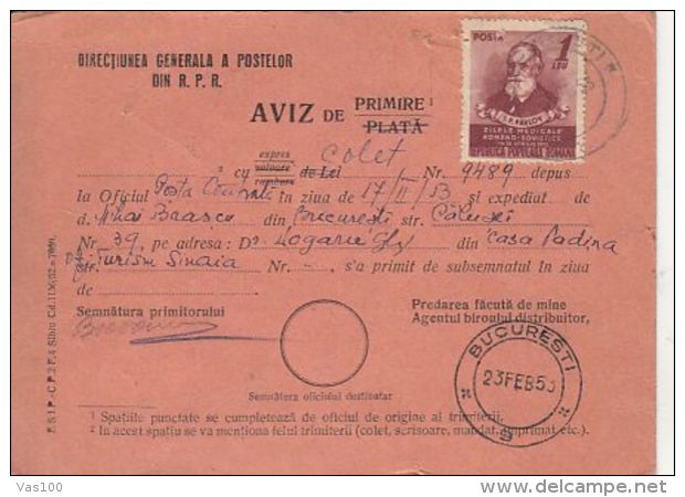 I. P. PAVLOV, STAMPS ON CONFIRMATION OF RECEIPT, REGISTERED, 1953, ROMANIA - Lettres & Documents