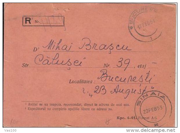 I. P. PAVLOV, STAMPS ON CONFIRMATION OF RECEIPT, REGISTERED, 1953, ROMANIA - Lettres & Documents