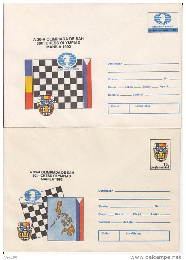 CHESS, ECHECS, MANILA CHESS OLYMPIAD, COVER STATIONERY, ENTIER POSTAL, 2X, 1992, ROMANIA - Chess
