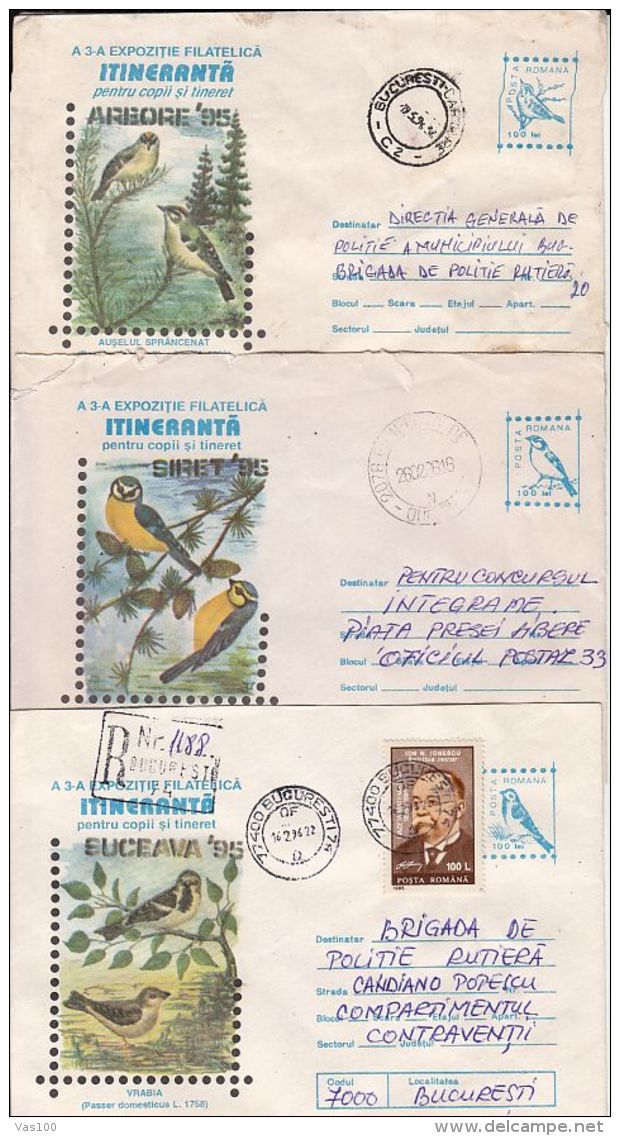 BIRDS, ROBIN, GREENFINCH, SPARROW, BLUE TIT, FIRECREST, REGISTERED COVER STATIONERY, ENTIER POSTAL, 5X, 1996, ROMANIA - Spatzen