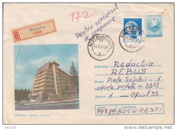 TOURISM, PREDEAL- CIOPLEA HOTEL, REGISTERED COVER STATIONERY, ENTIER POSTAL, 1987, ROMANIA - Hotel- & Gaststättengewerbe