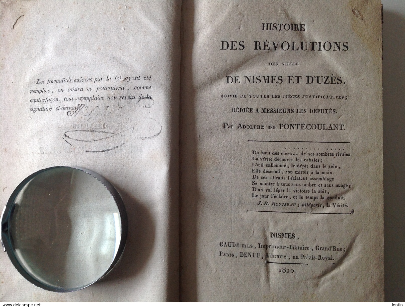 Histoire Des Révolutions De Nismes Et D' Uzes Par Adolphe De Pontécoulant - Gaude Fils 1820 - 292 Pages - 1801-1900