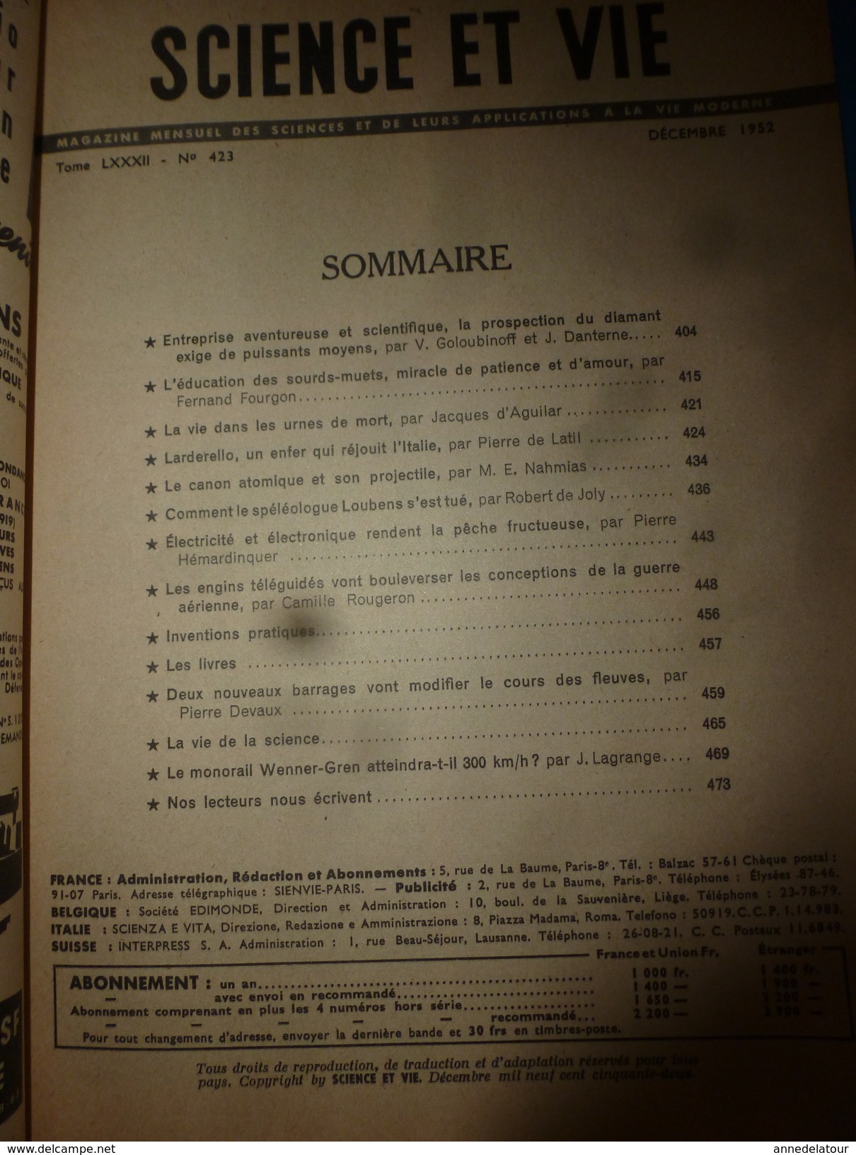 1952 SCIENCE Et VIE  N° 423-->Pourquoi Le Spéléologue Loubens S'est Tué;Le Monorail Wenner-Gren;Larderello (Italie);etc - Science