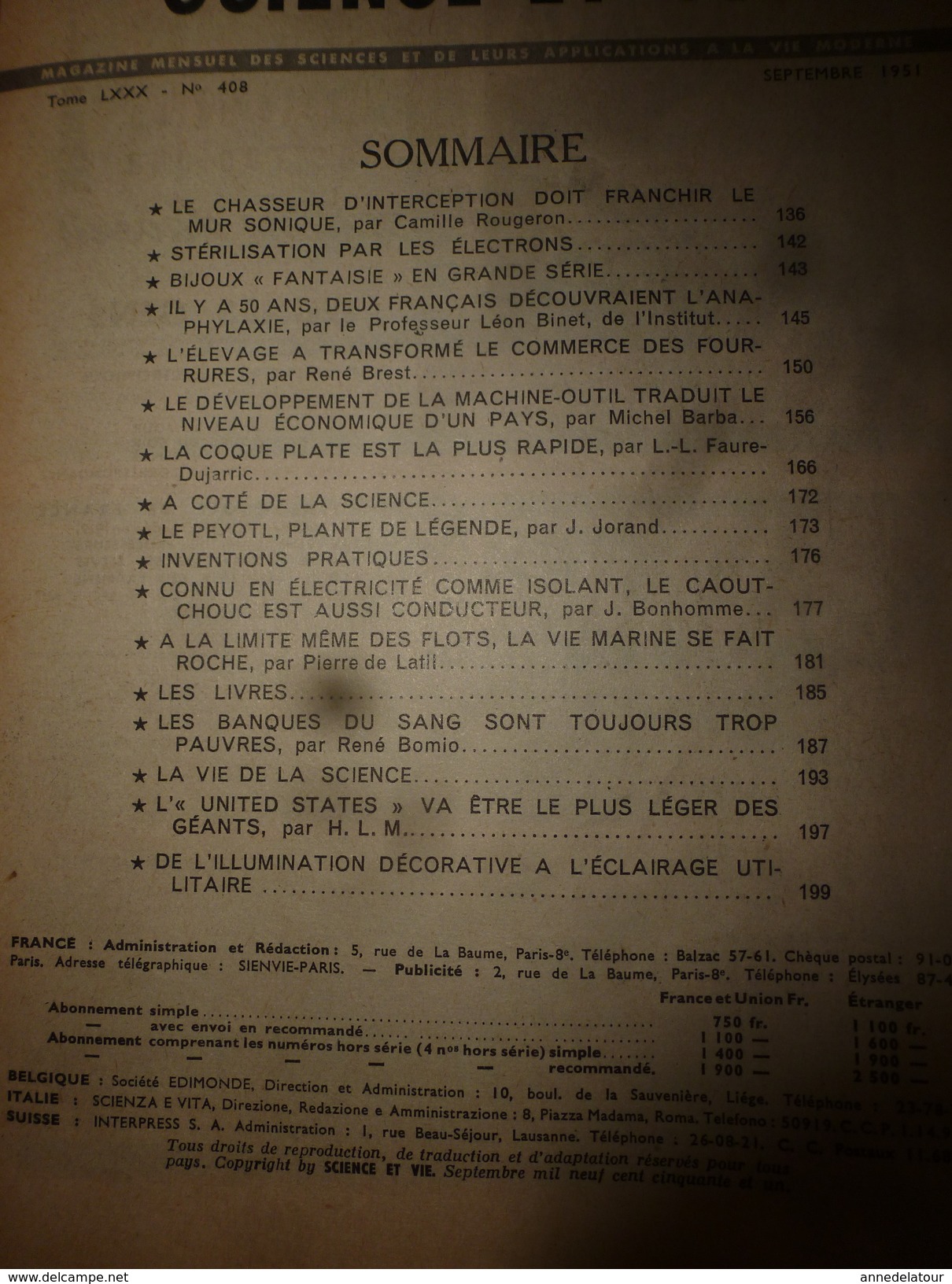 1951 SCIENCE Et VIE  N° 408-->Les PEYOLT Plante De Légende; La Coque Plate Est Plus Rapide;Le Caoutchouc Conducteur;etc - Wissenschaft