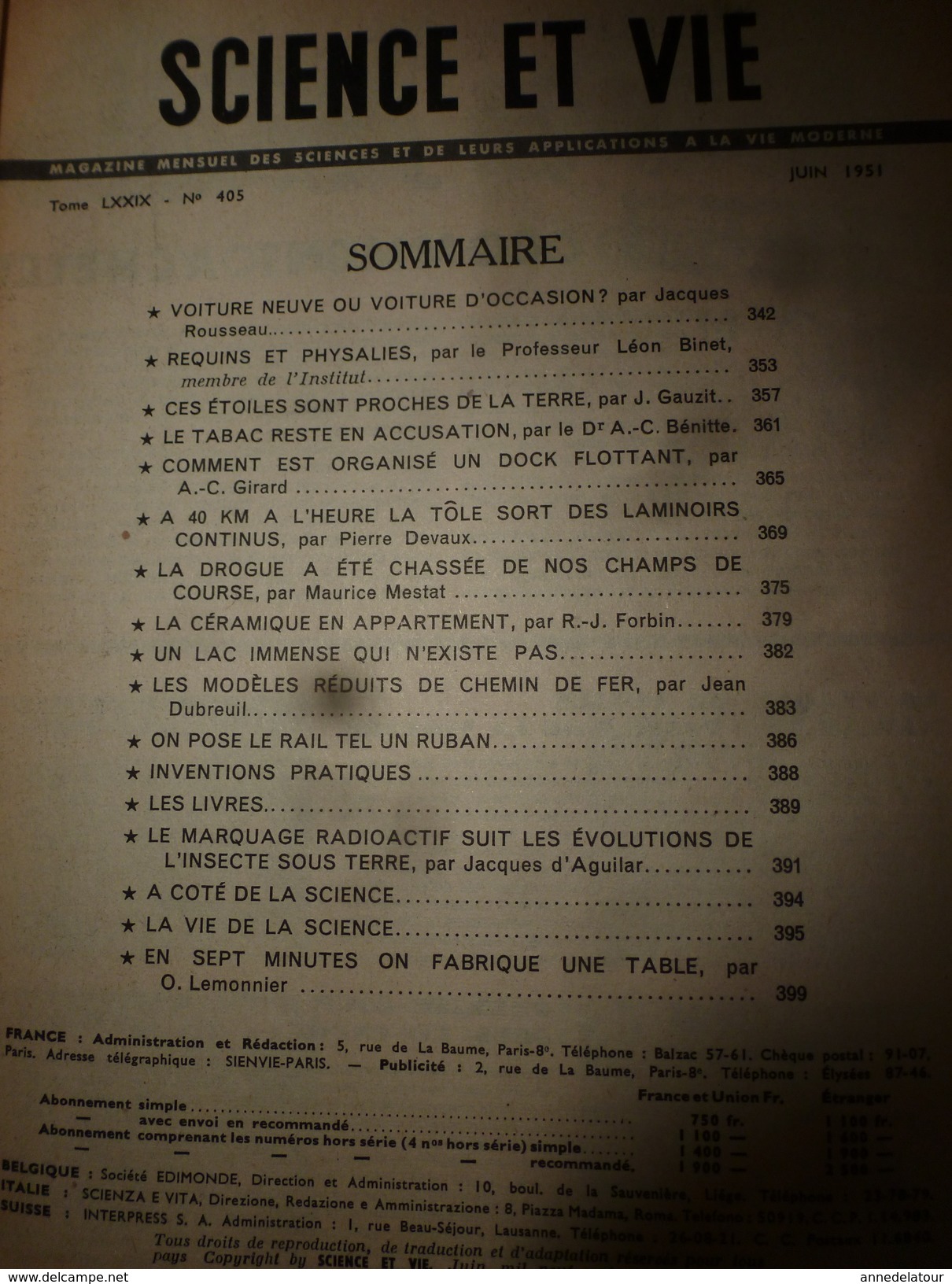 1951 SCIENCE Et VIE  N° 405--> Comment Acheter Une Voiture D'occasion Sans Se Faire Avoir;Céramique En Appartement; Etc - Science