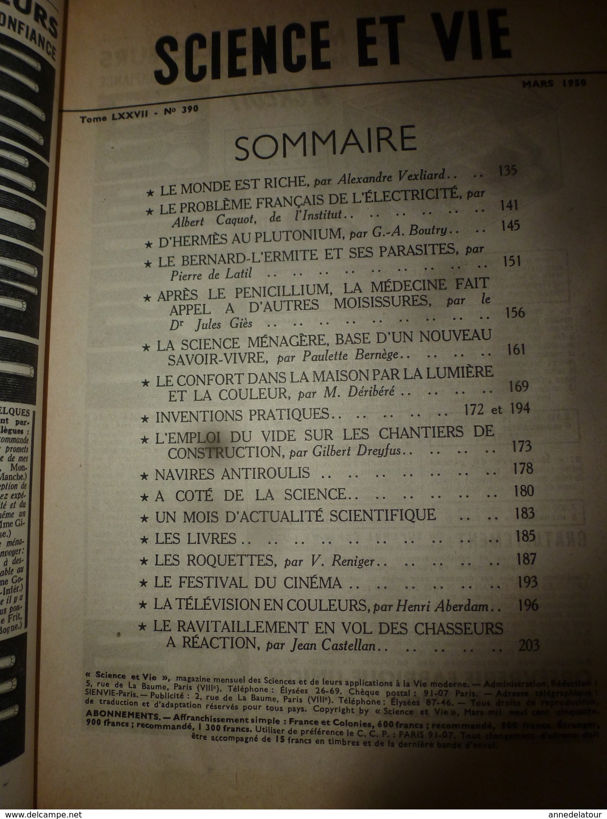 1950 SCIENCE Et VIE  N° 390--> Les Autres Moisissures-remèdes; Confort De La Maison Avec Les Lumières De Couleurs;etc - Ciencia