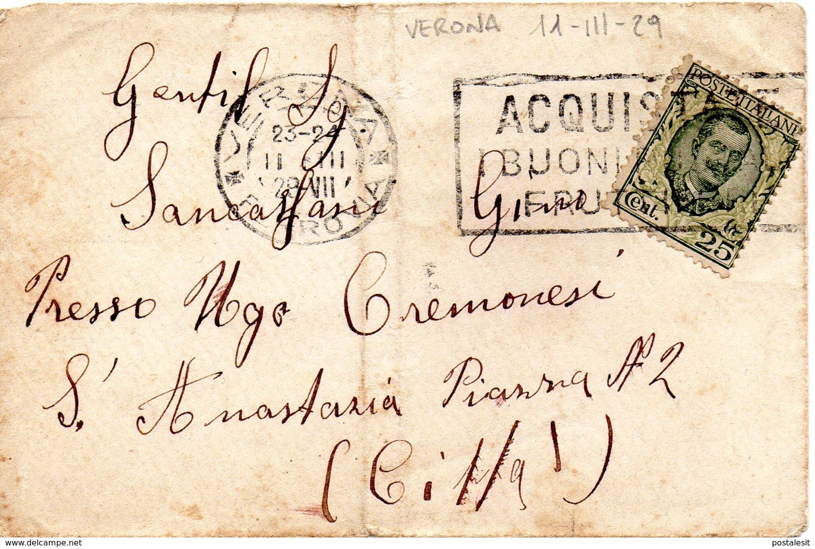 VERONA (TARIFFA DISTRETTO) Per Città DOPPIA TARGHETTA, 11.3.1929 Lettera Affrancata Con 25c. Floreale -1/29 - Storia Postale
