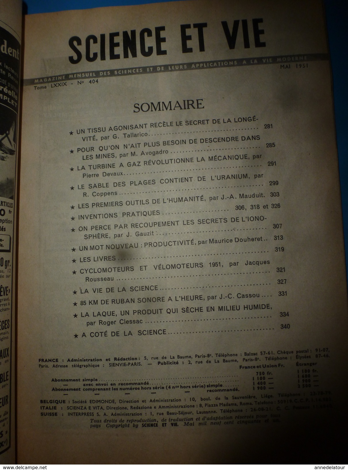 1951 SCIENCE Et VIE N° 404 ---> Secrets De La Longévité; URANIUM Sur Les Plages; La Laque Sèche Dans L'humidité;etc - Science