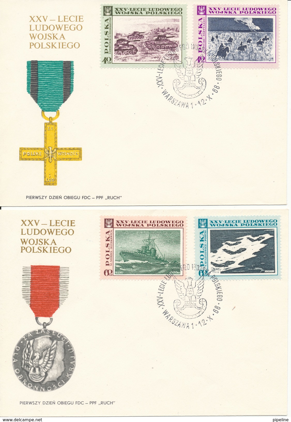 Poland FDC 12-10-1968 25th Anniversary Of The Polish People´s Army Copmplete Set Of 10 Stamps On 5 Covers With Cachet - FDC