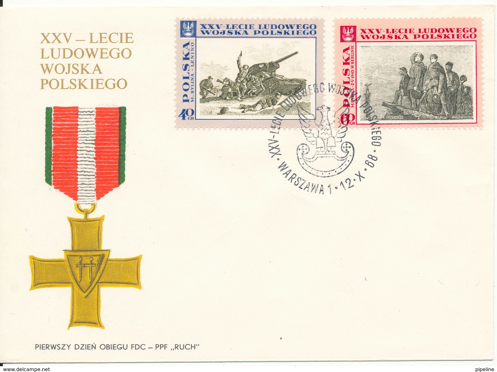 Poland FDC 12-10-1968 25th Anniversary Of The Polish People´s Army Copmplete Set Of 10 Stamps On 5 Covers With Cachet - FDC