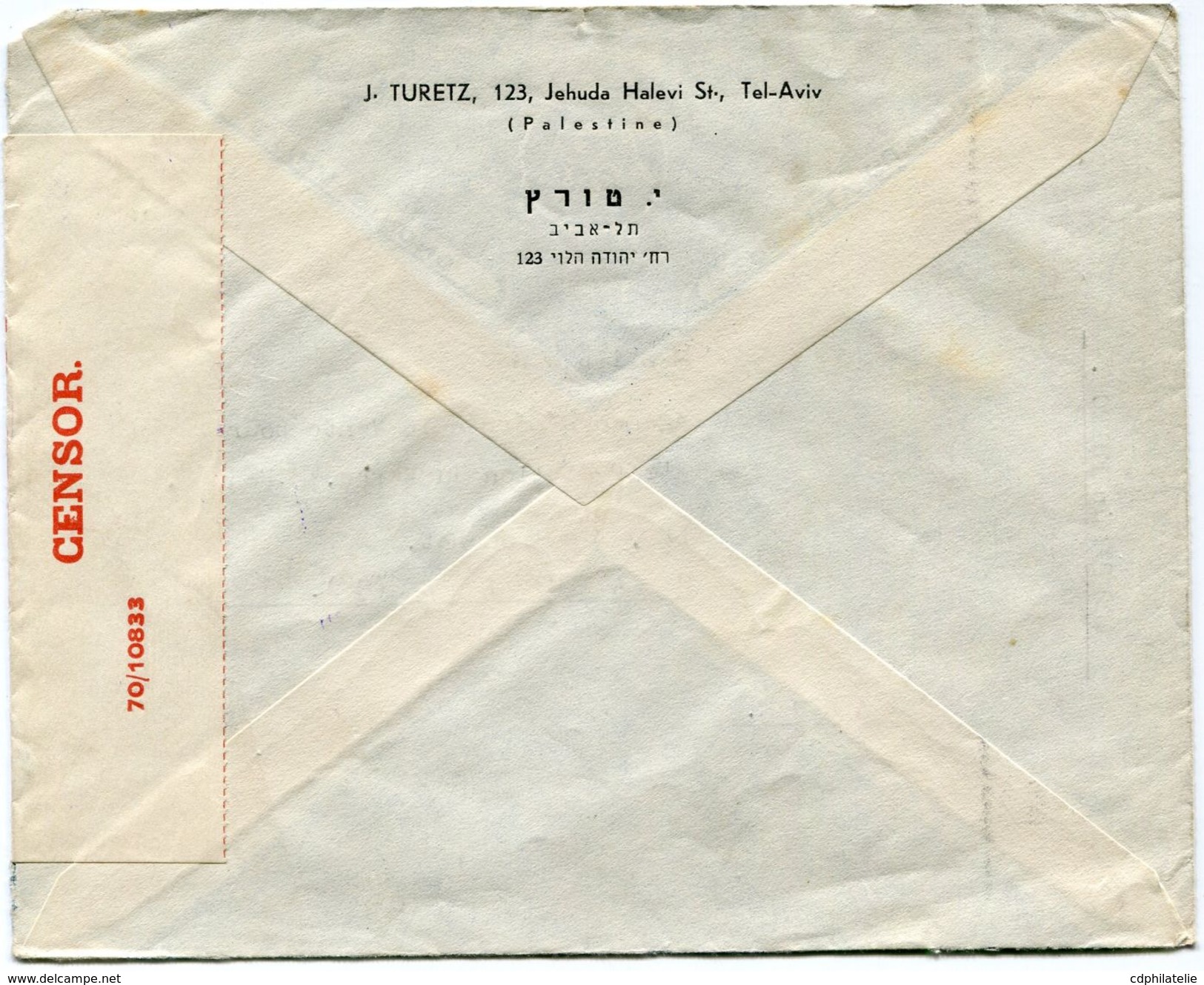 PALESTINE LETTRE PAR AVION CENSUREE DEPART TEL AVIV 20 FEB 40 POUR LA FRANCE - Palestine