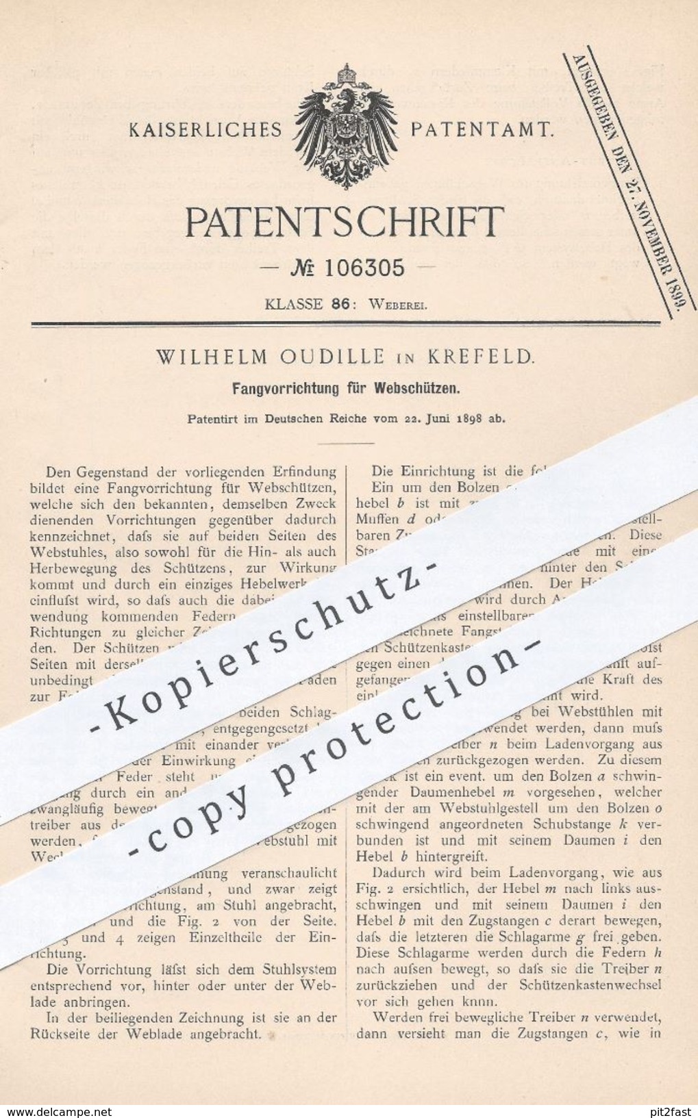 Original Patent - Wilhelm Oudille , Krefeld , 1898 , Fangvorrichtung Für Webschützen | Webschütze , Webstuhl , Weber !! - Historische Dokumente