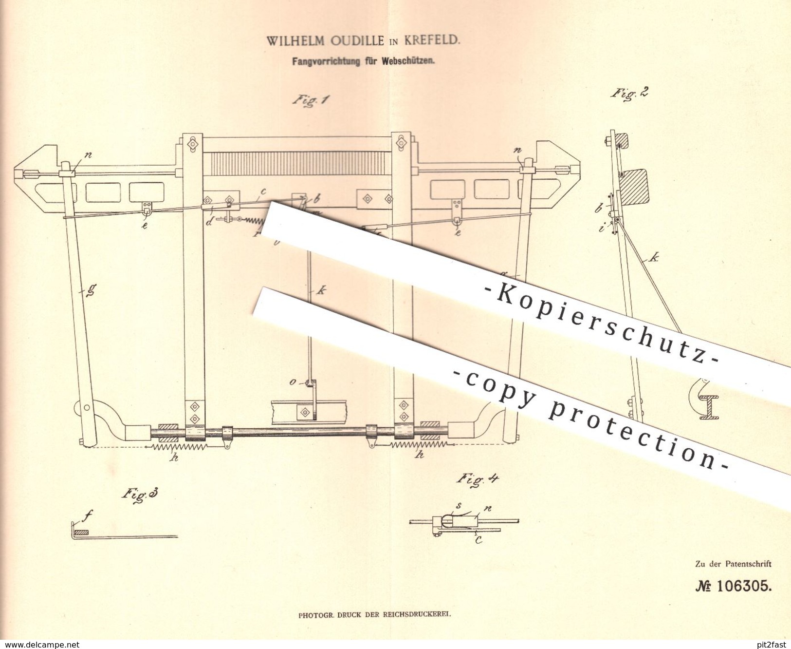 Original Patent - Wilhelm Oudille , Krefeld , 1898 , Fangvorrichtung Für Webschützen | Webschütze , Webstuhl , Weber !! - Historische Dokumente