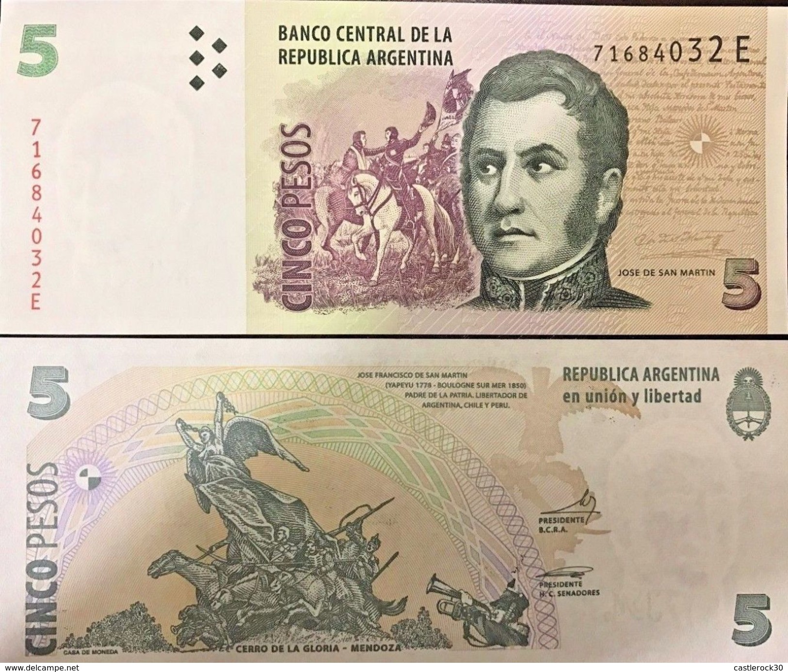 C) ARGENTINA BANK NOTE 5 PESOS ND 2002 UNC JOSE DE SAN MARTIN - Argentinië