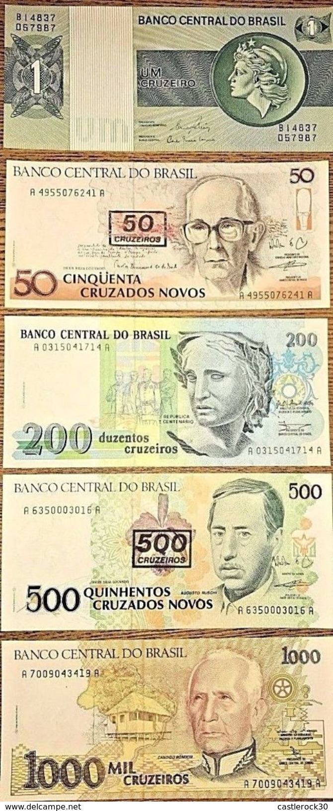 C) BRAZIL BANK NOTES CRUZEIROS 5PC (1+50+200+500+1000) UNC NEW - Brazil