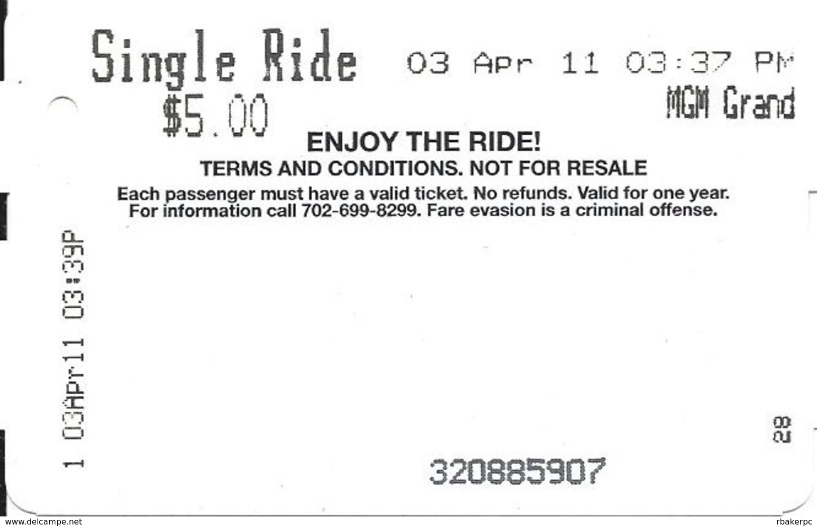 Paper Las Vegas, NV Monorail Ticket - Single Ride - Small SINGLE Text (2 Scans) - Other & Unclassified