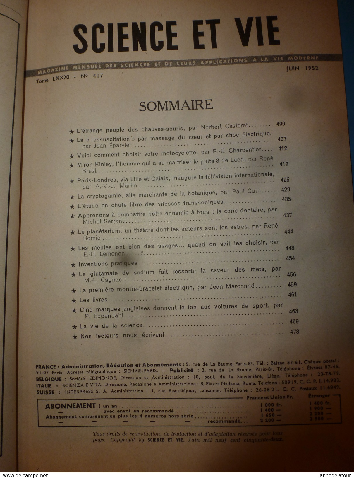 1952 SCIENCE Et VIE  N° 417 ---> Miron Kinley Pompier Des Puits De Pétrole; Les étranges Chauves-souris; Etc - Wissenschaft