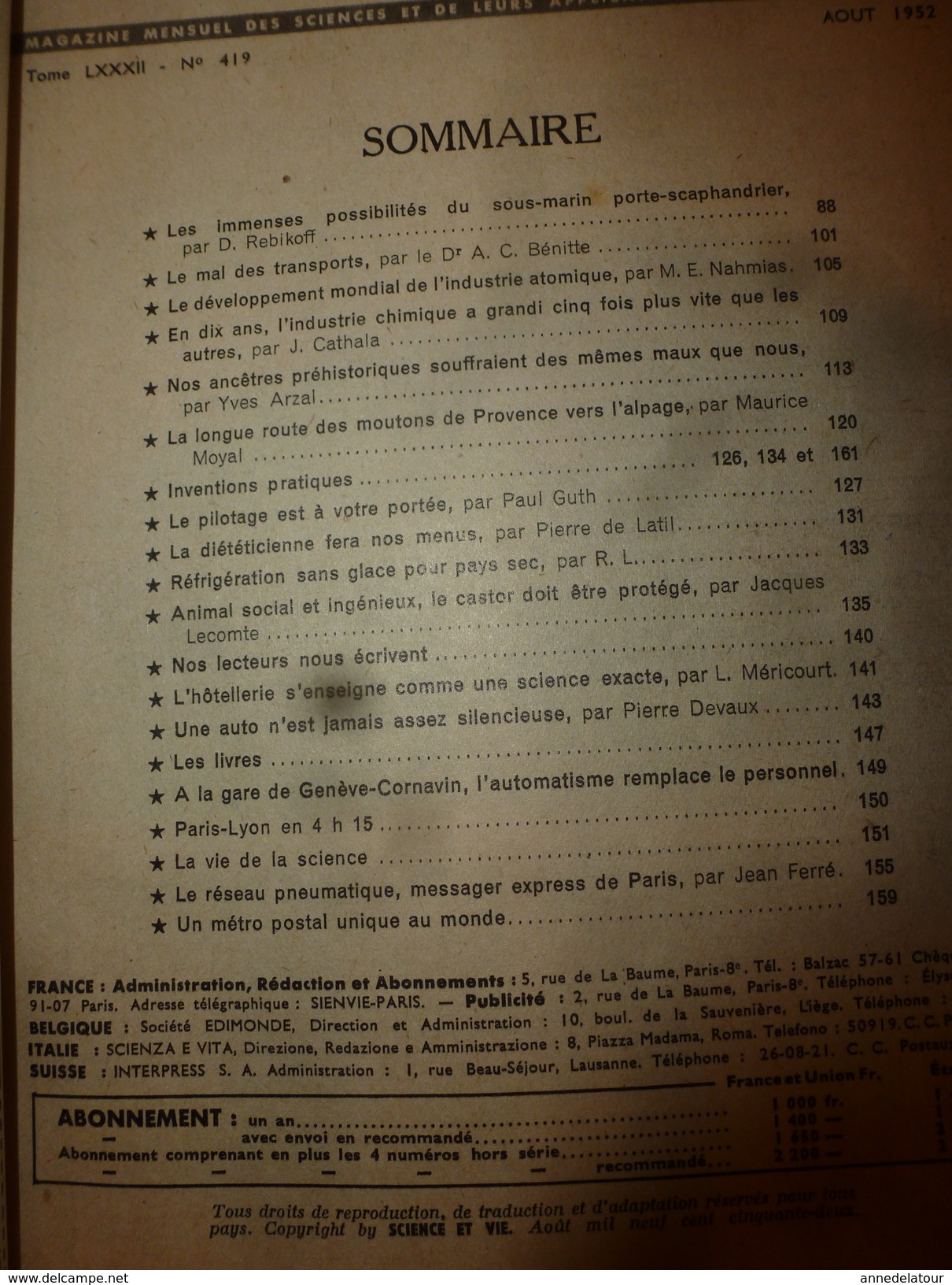 1952 SCIENCE Et VIE  N° 419--->Route Des Moutons De Provence Vers L'alpage; Gare Genève-Cornavin;Réseau Pneumatique;etc - Ciencia