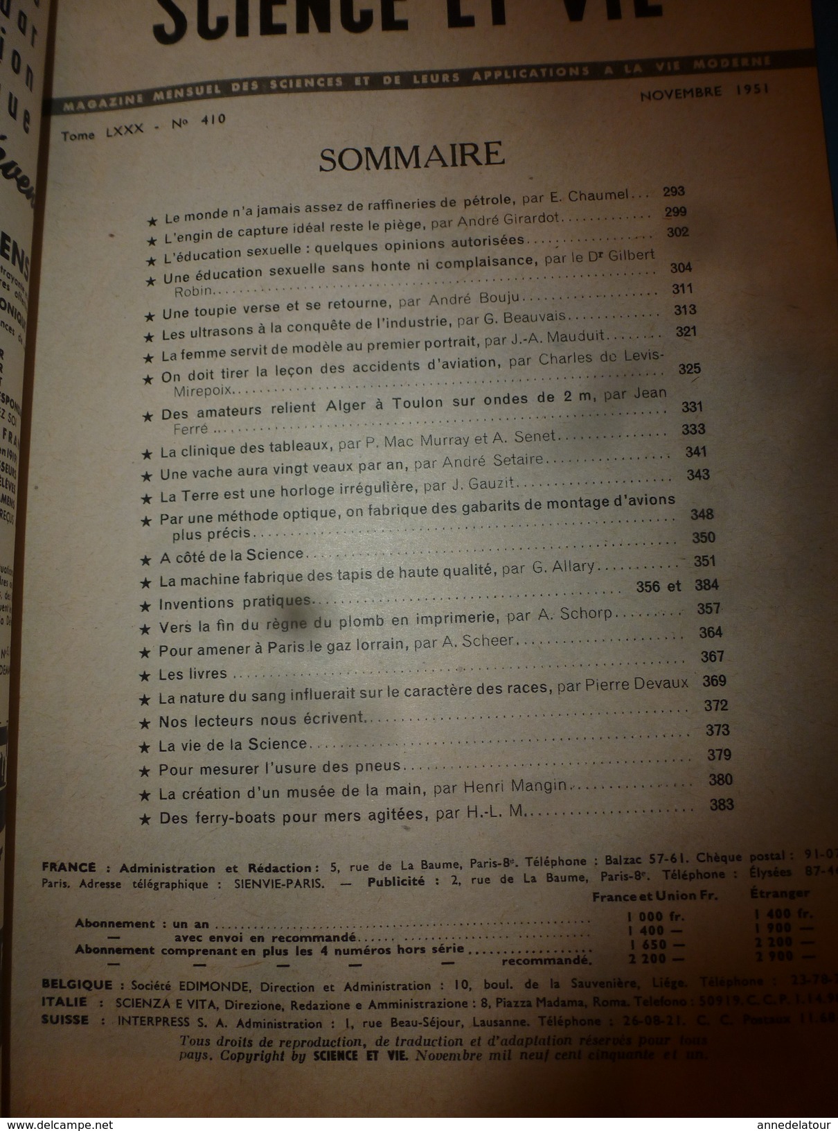 1951 SCIENCE Et VIE  N° 410--->L'éducation Sexuelle Sans Honte Et Sans Complaisance; Musée De La Main; Etc - Science