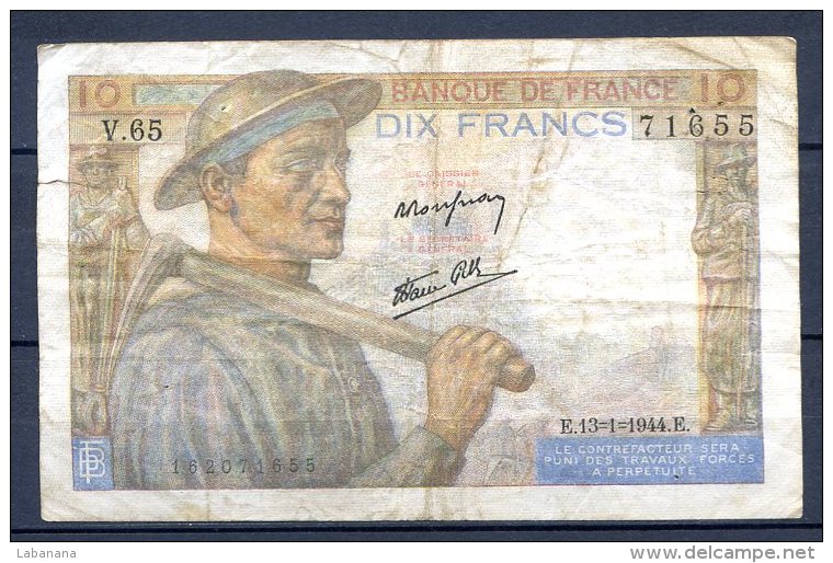 456-France Billet De 10 Francs 1944 E V65 - 10 F 1941-1949 ''Mineur''