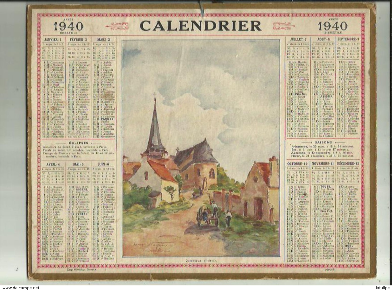 Calendrier Des Postes G-F  De Haute-Savoie 1940 -Pages Complètes ( COMBLEUX Dans Le Loiret ) - Grand Format : 1921-40