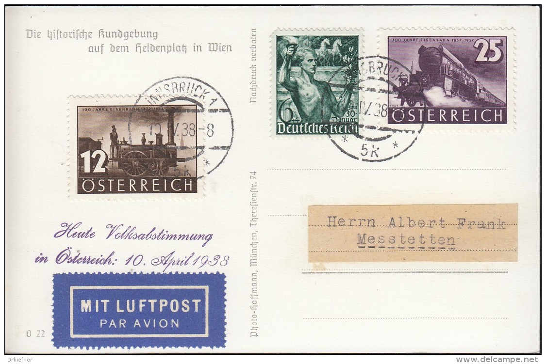 Mischfrankatur ÖSTERREICH 646-647/ DEUTSCHES REICH 660, Mit Luftpost, St: Innsbruck 10.IV.1938, PROPAGANDA - Lettres & Documents