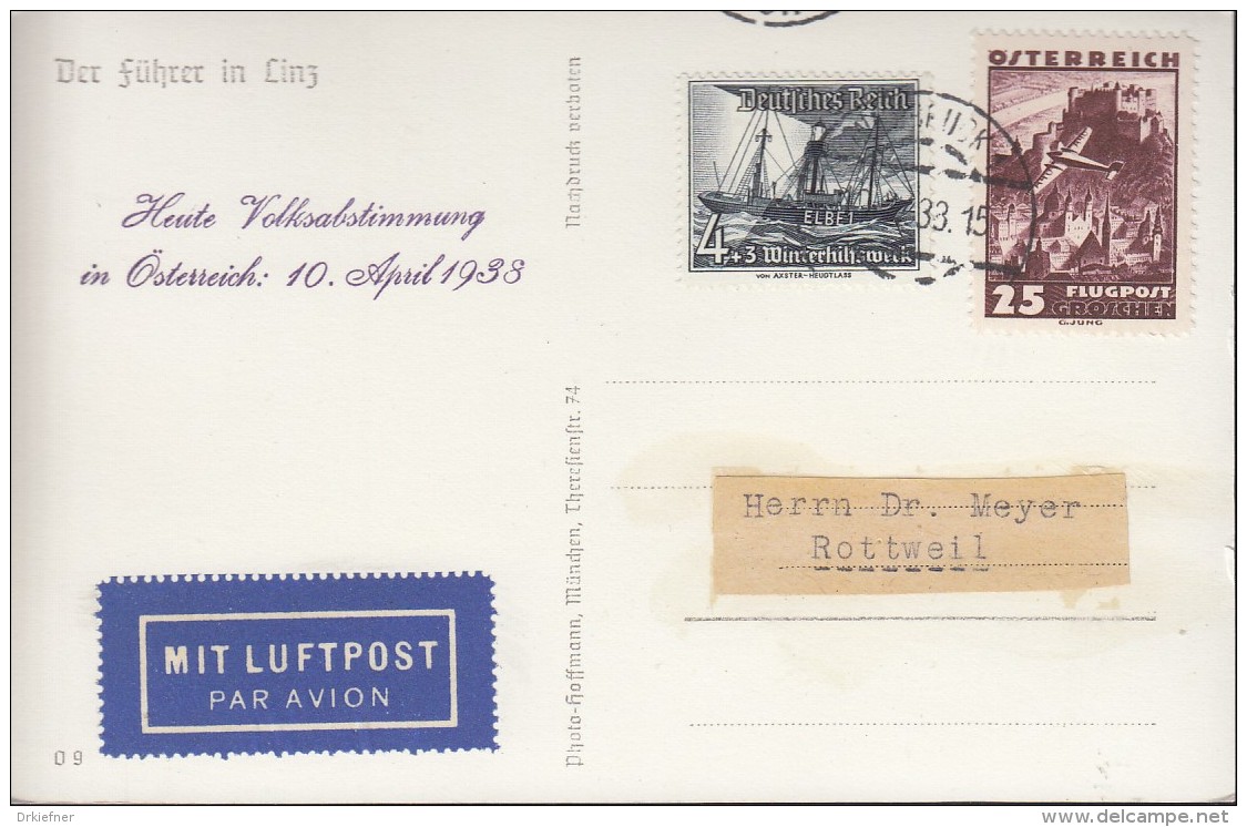 Mischfrankatur ÖSTERREICH 602/ DEUTSCHES REICH 652, Mit Luftpost, St: Innsbruck 10.IV.1938, PROPAGANDA - Lettres & Documents