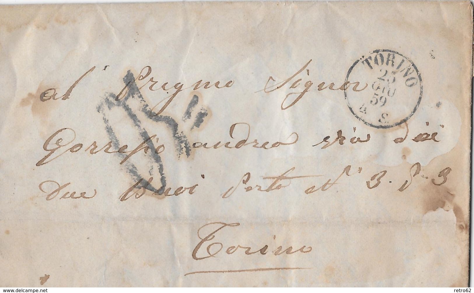 1859 Brief/Lettre Torino &rarr; Stempel/Oblitération : Torino 25 GIU 59 - TORINO-ARRIVI 25 GIU 59 - Lombardo-Vénétie