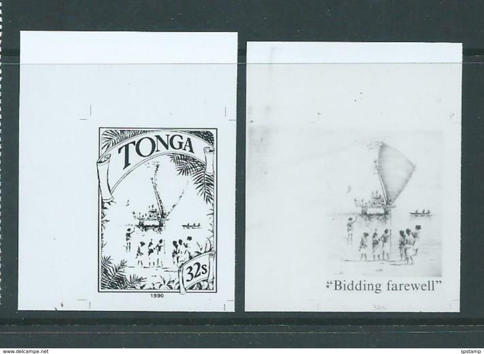 Tonga 1990 Polynesian Boats & Voyages 32s Black & White Proofs Of Stamp & Central Label - Tonga (1970-...)