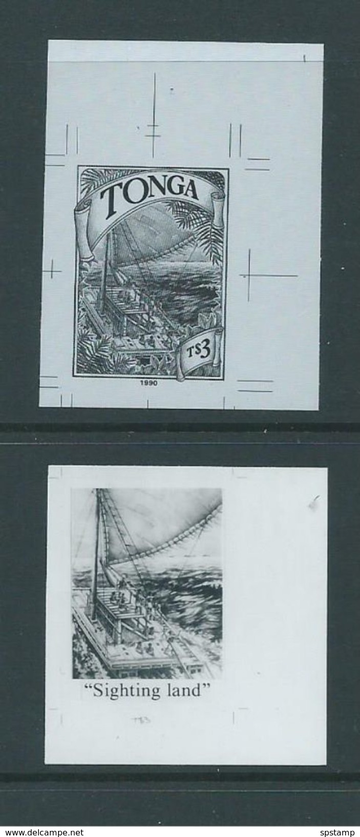 Tonga 1990 Polynesian Boats & Voyages $3 Black & White Proofs Of Stamp & Central Label - Tonga (1970-...)