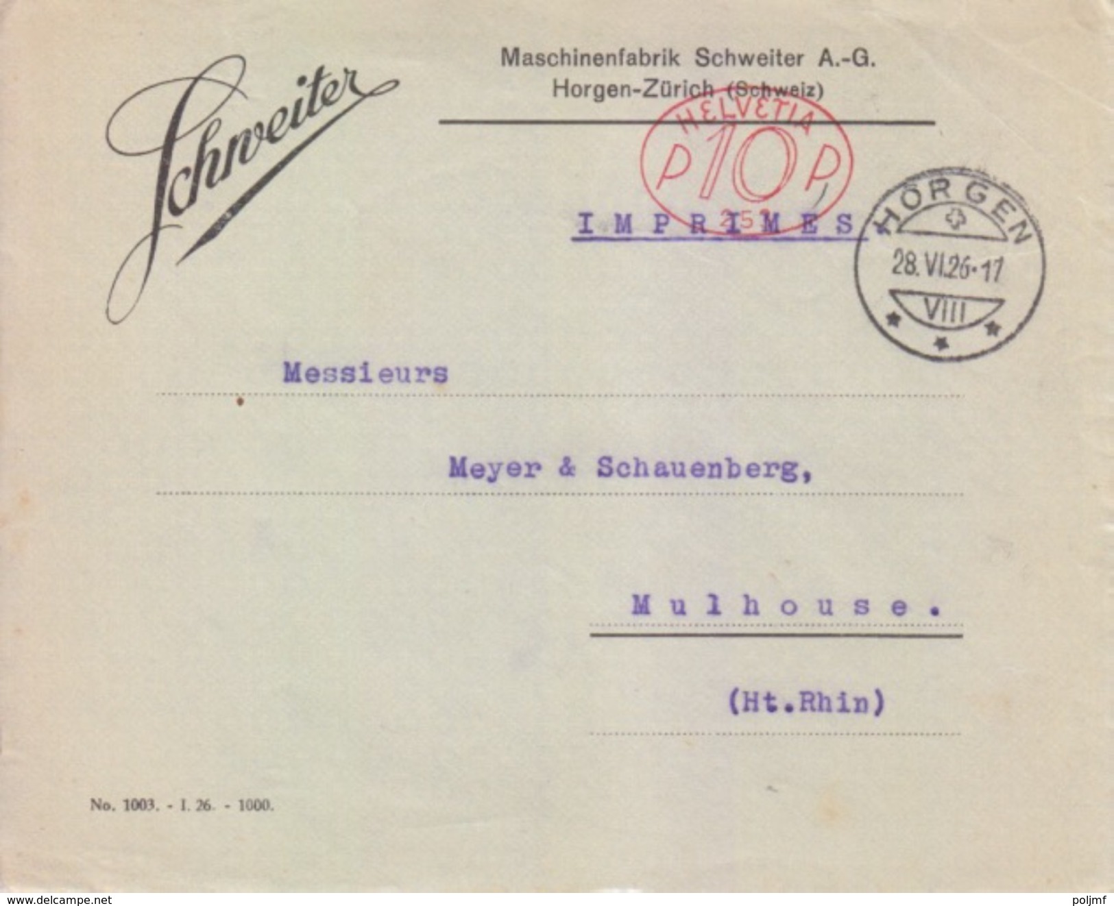 EMA Suisse 10 (253 Sté Schneiter), Lettre De Horgen Le 28 VI 1926 Pour Mulhouse - Máquinas De Franquear