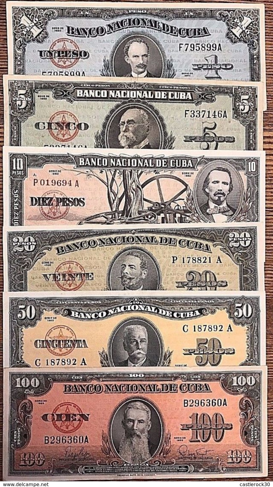 C) CARIBBEAN BANK NOTE 6 PC SET 1+5+10+20+50+100 PESOS 1959,60 EXCELLENT. - Cuba