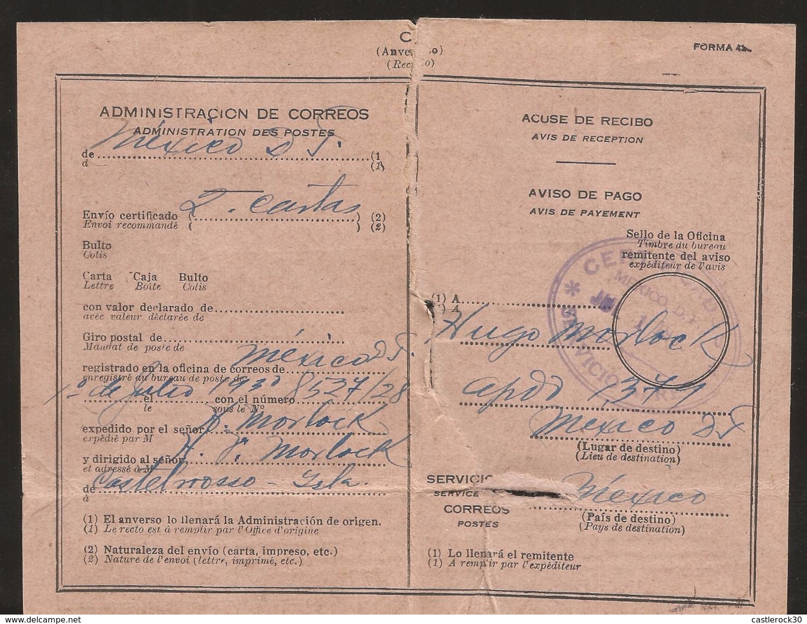 R) 1930 MEXICO, RETURN RECEIPT CANCELLED - Mexico