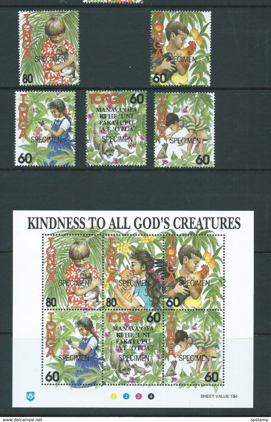 Tonga 1994 Kind To Creatures Miniature Sheet + 5 Single Values MNH Specimen Overprint - Tonga (1970-...)