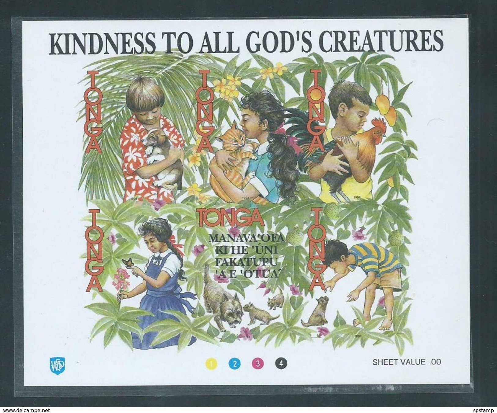 Tonga 1994 Kind To Creatures Miniature Sheet Imperforate Proof Without Values Printed MNH - Tonga (1970-...)