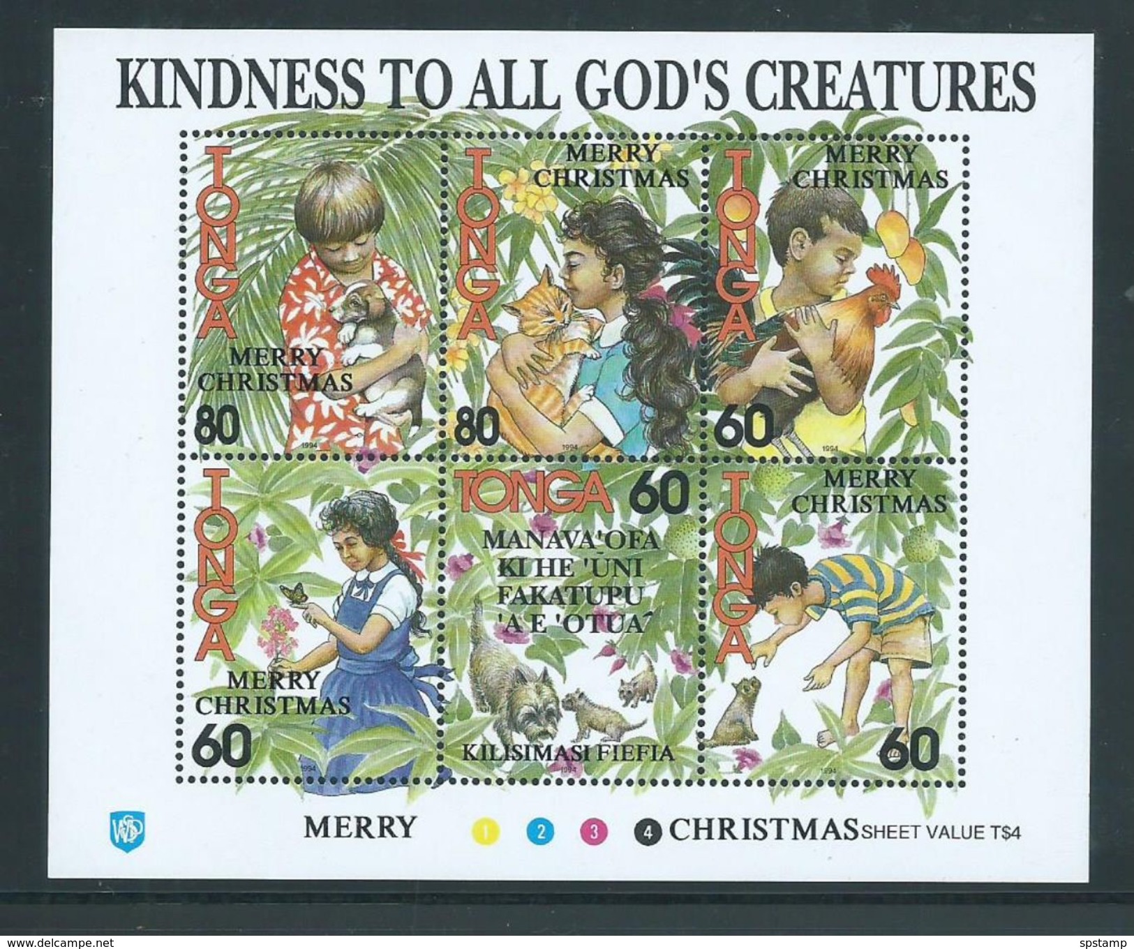 Tonga 1994 Christmas Overprint On Kind To Creatures Miniature Sheet MNH - Tonga (1970-...)