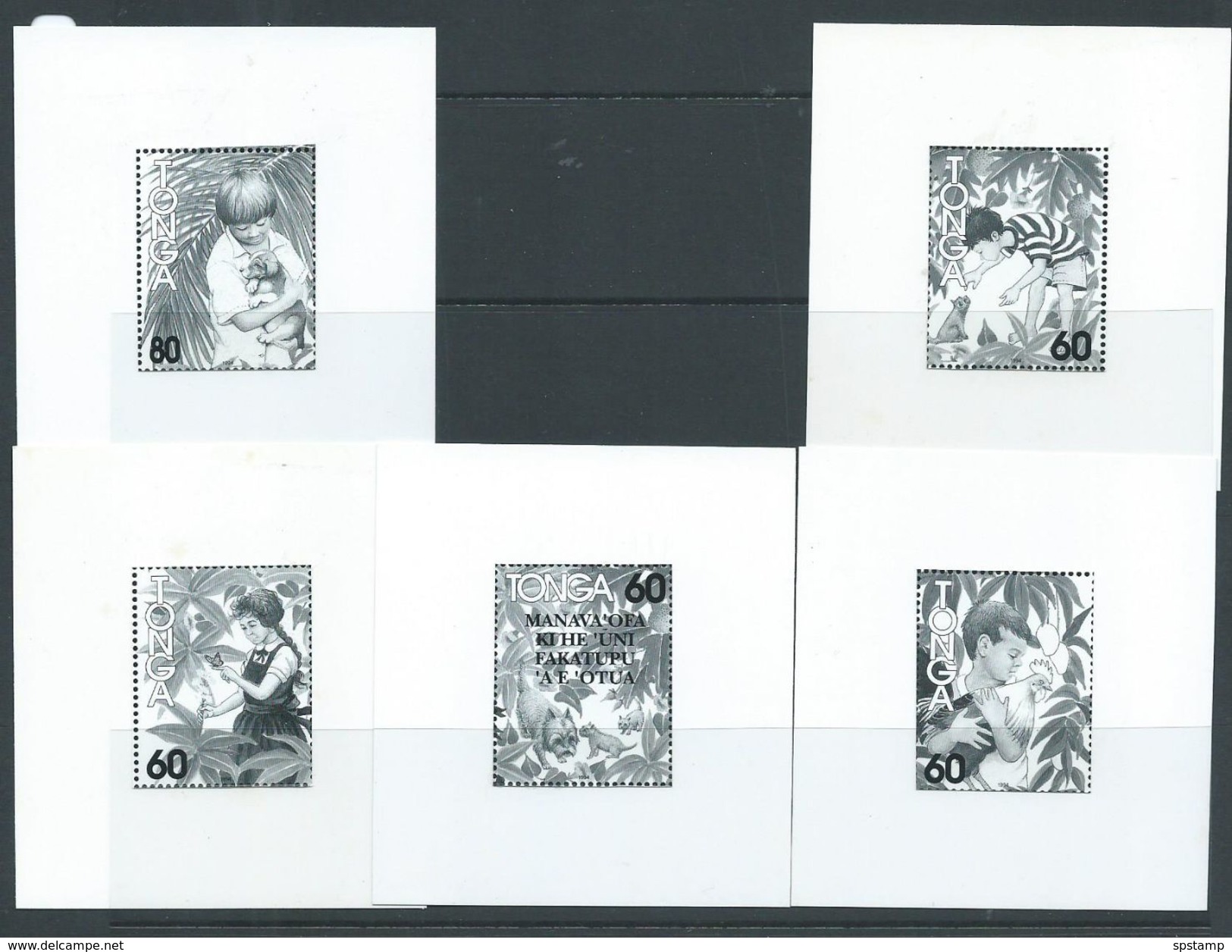 Tonga 1994 Kind To Creatures 5 Individual Black & White Proofs With Values Affixed To Card - Tonga (1970-...)