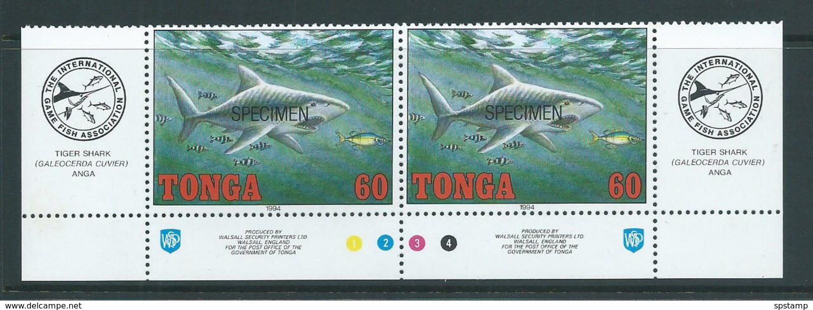 Tonga 1994 Game Fish 60s Tiger Shark Imprint Pair From Base Of Sheet  MNH With Labels Specimen Overprint - Tonga (1970-...)