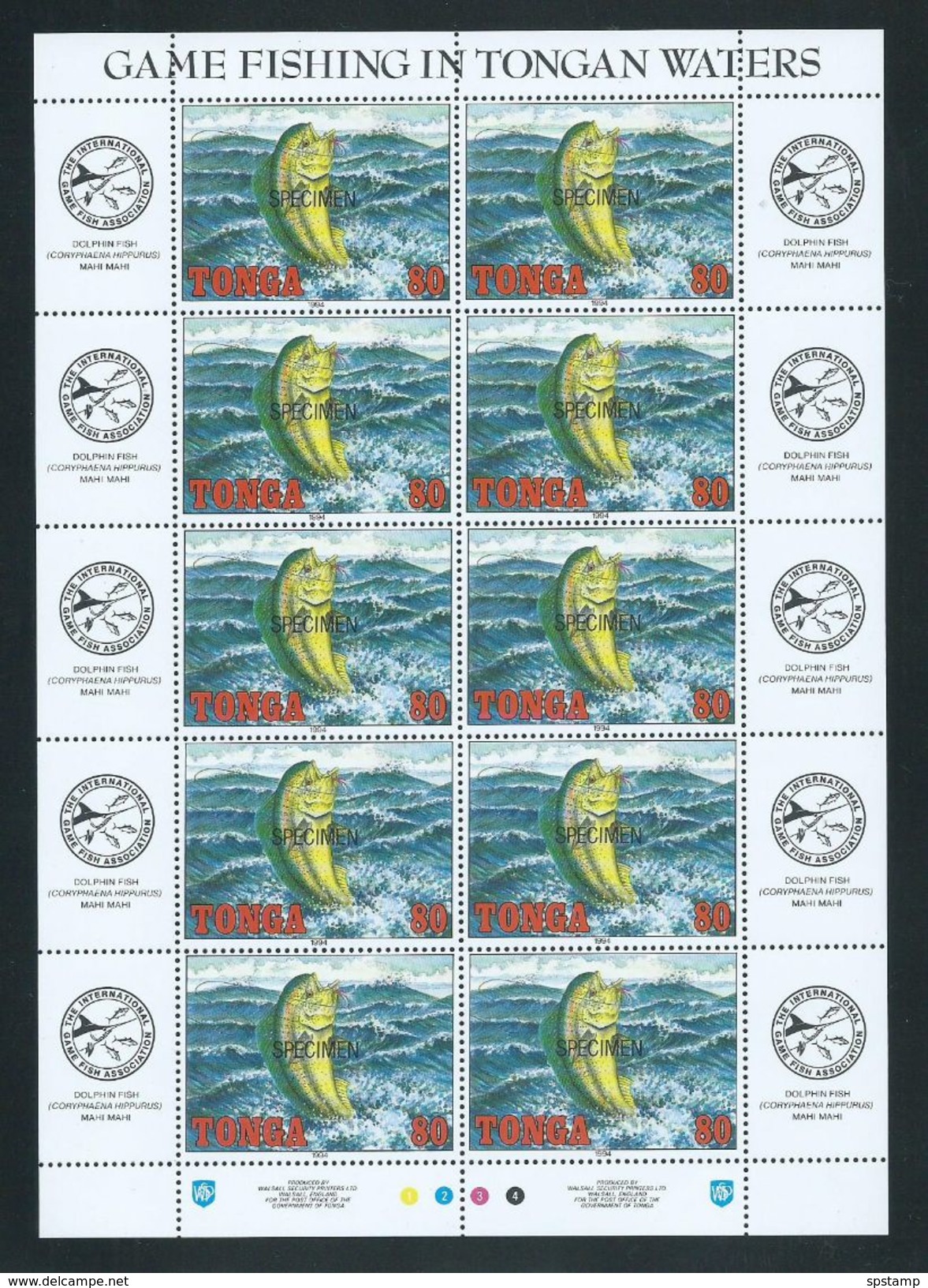 Tonga 1994 Game Fish & Fishing 10 Sets Of 4 MNH As Full Sheets MNH Specimen Overprints - Tonga (1970-...)