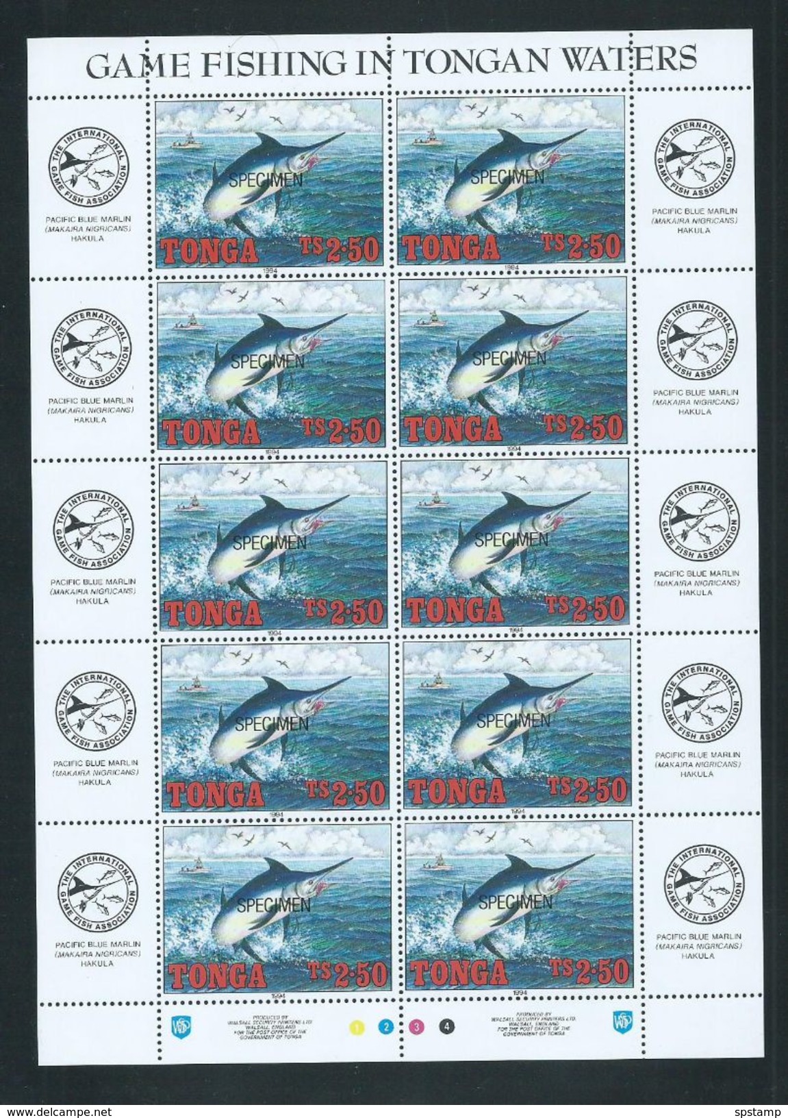 Tonga 1994 Game Fish & Fishing 10 Sets Of 4 MNH As Full Sheets MNH Specimen Overprints - Tonga (1970-...)